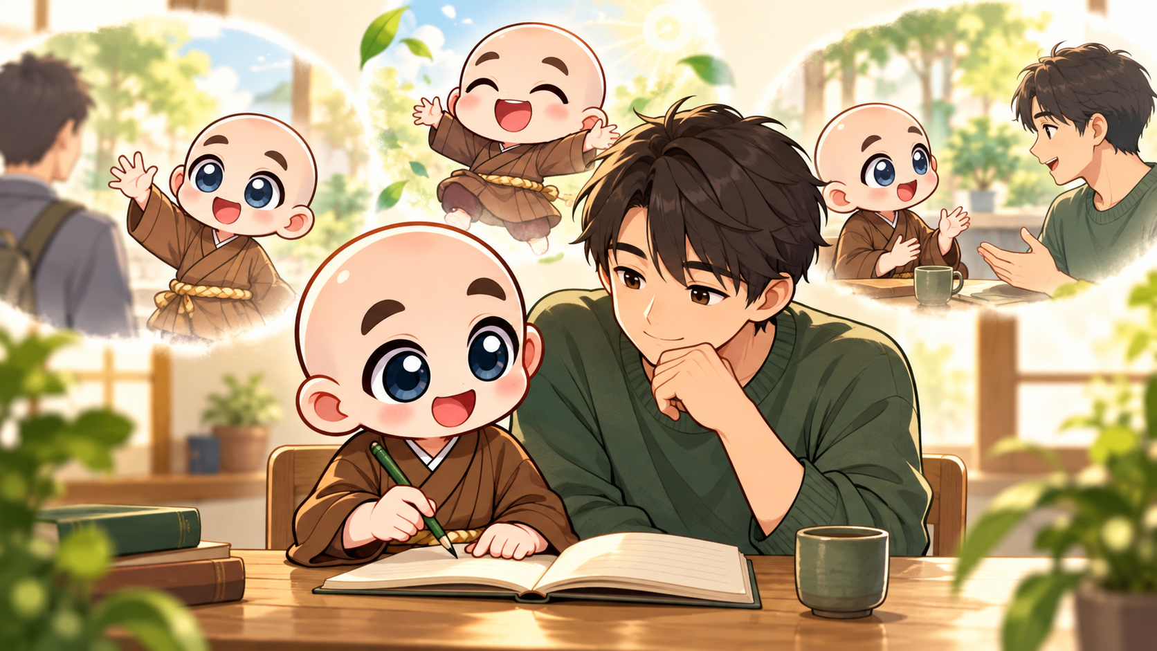今の自分に必要なことを考えるを公式キャラクターと生活場面で説明するイラスト