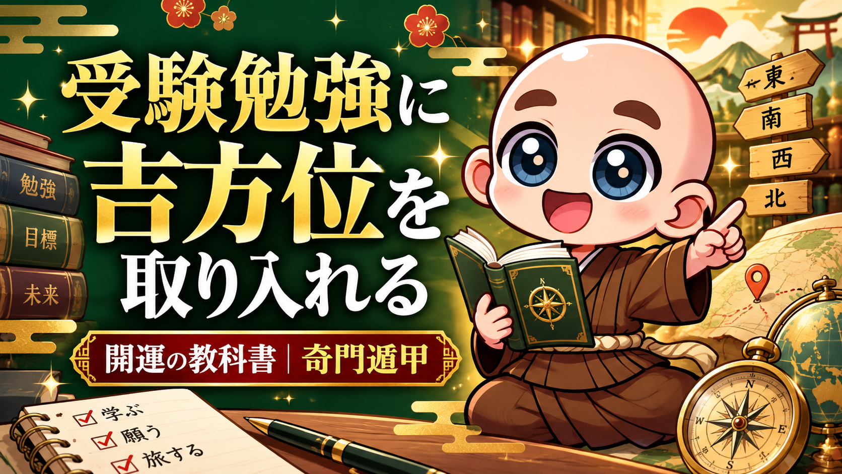 受験勉強の間にも、吉方位を使ってみよう｜日盤の取り入れ方｜公式キャラクター入り専用サムネイル