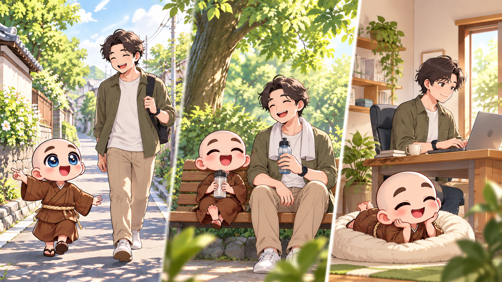 在宅の日の朝の散歩を公式キャラクターと生活場面で説明するイラスト