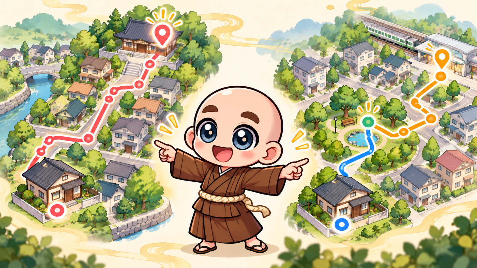目的地への移動と最初の動きを区別を公式キャラクターと生活場面で説明するイラスト