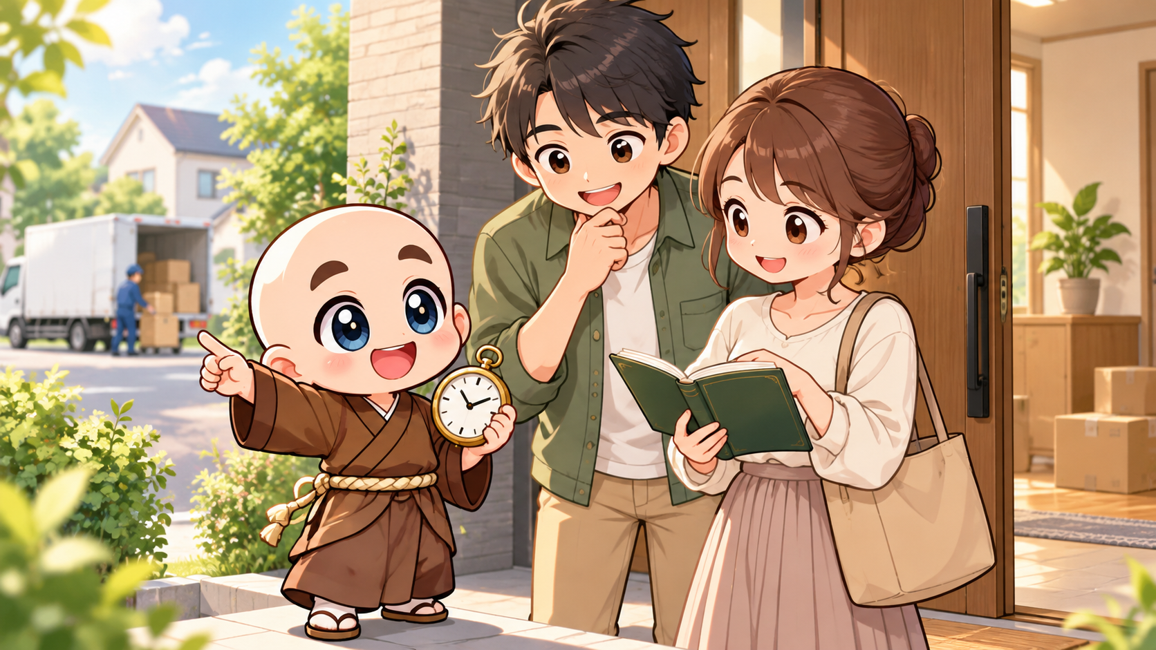 新居に入る時刻を選ぶを公式キャラクターと生活場面で説明するイラスト