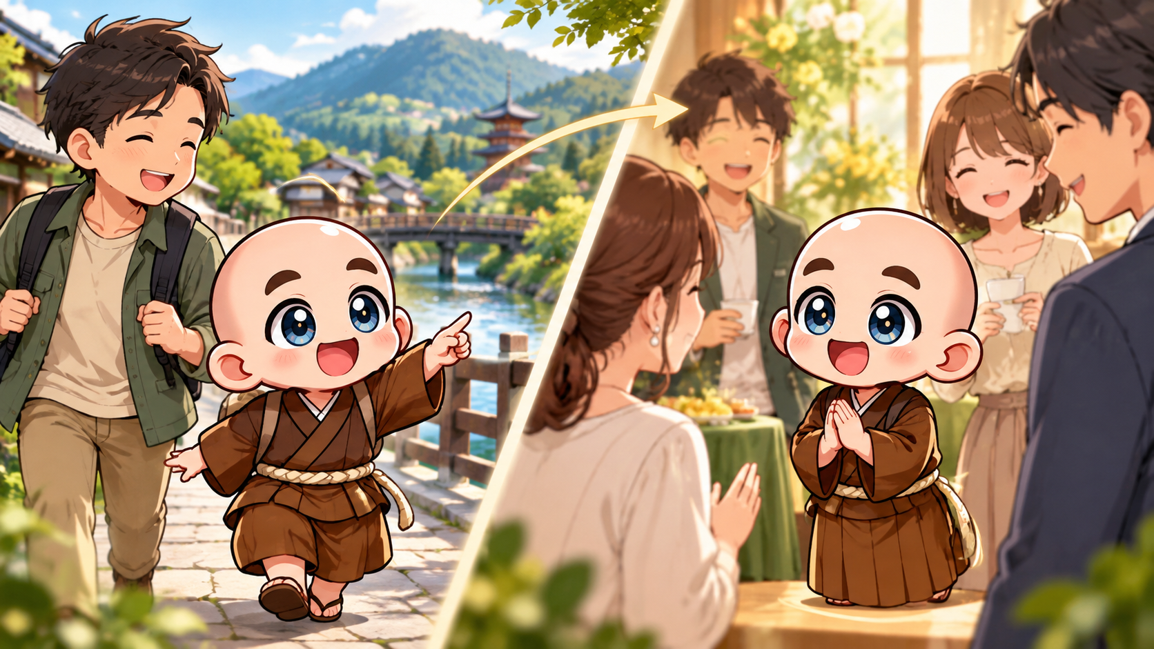 小旅行のあと人に会う行動へを公式キャラクターと生活場面で説明するイラスト