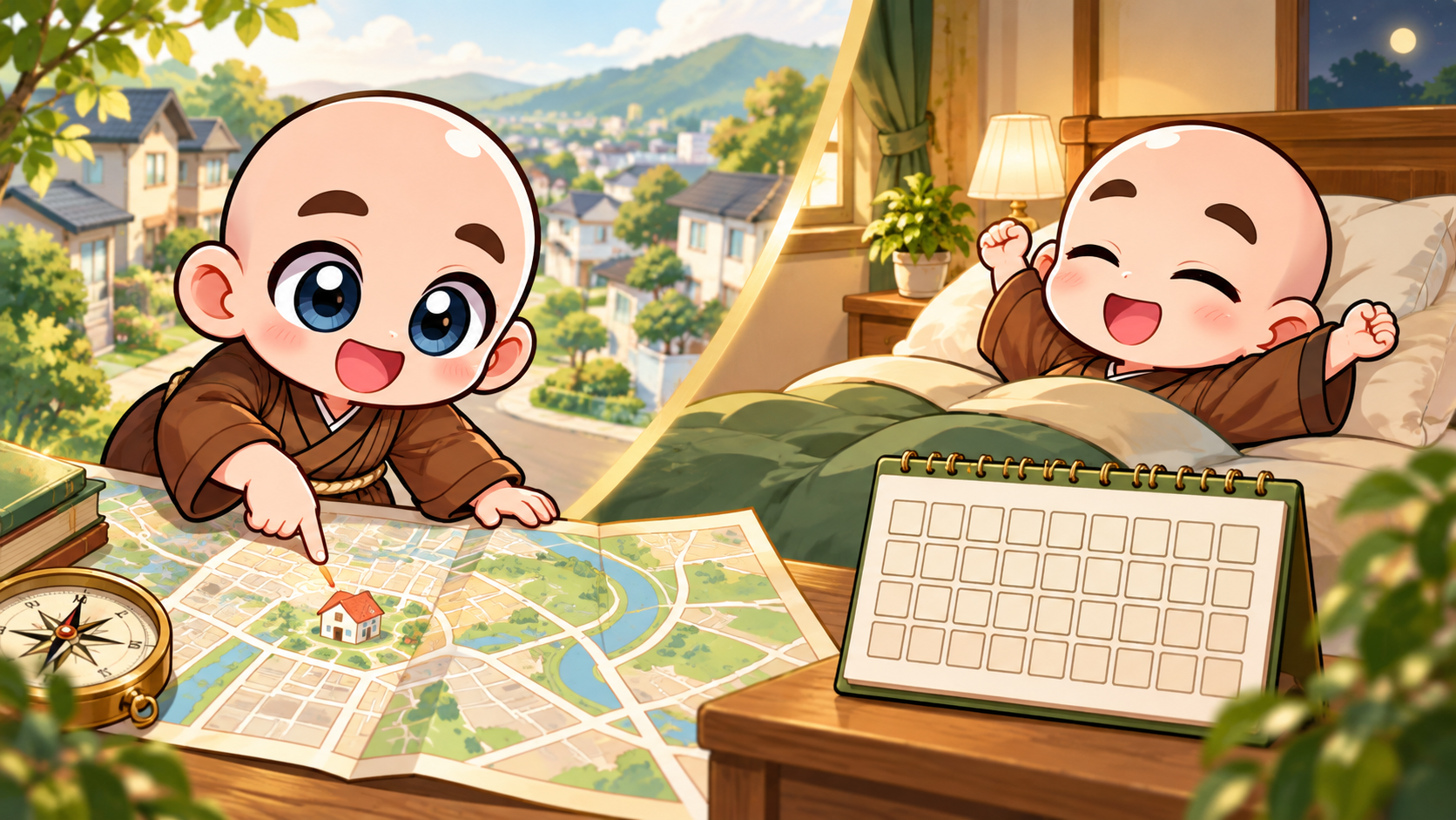 地図と入居後の生活を確認するを公式キャラクターと生活場面で説明するイラスト