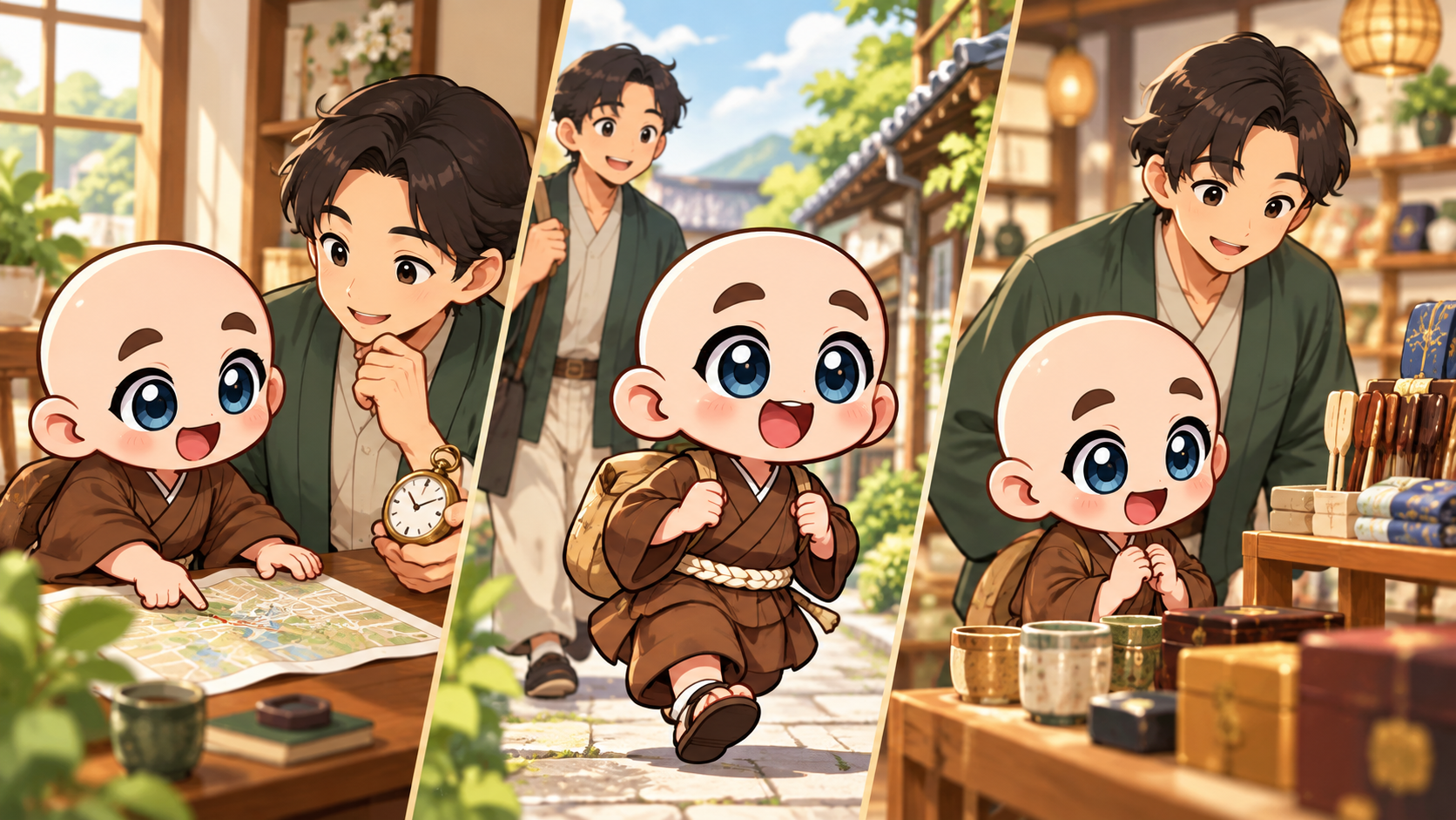 良い商品を探しに店へ出るを公式キャラクターと生活場面で説明するイラスト