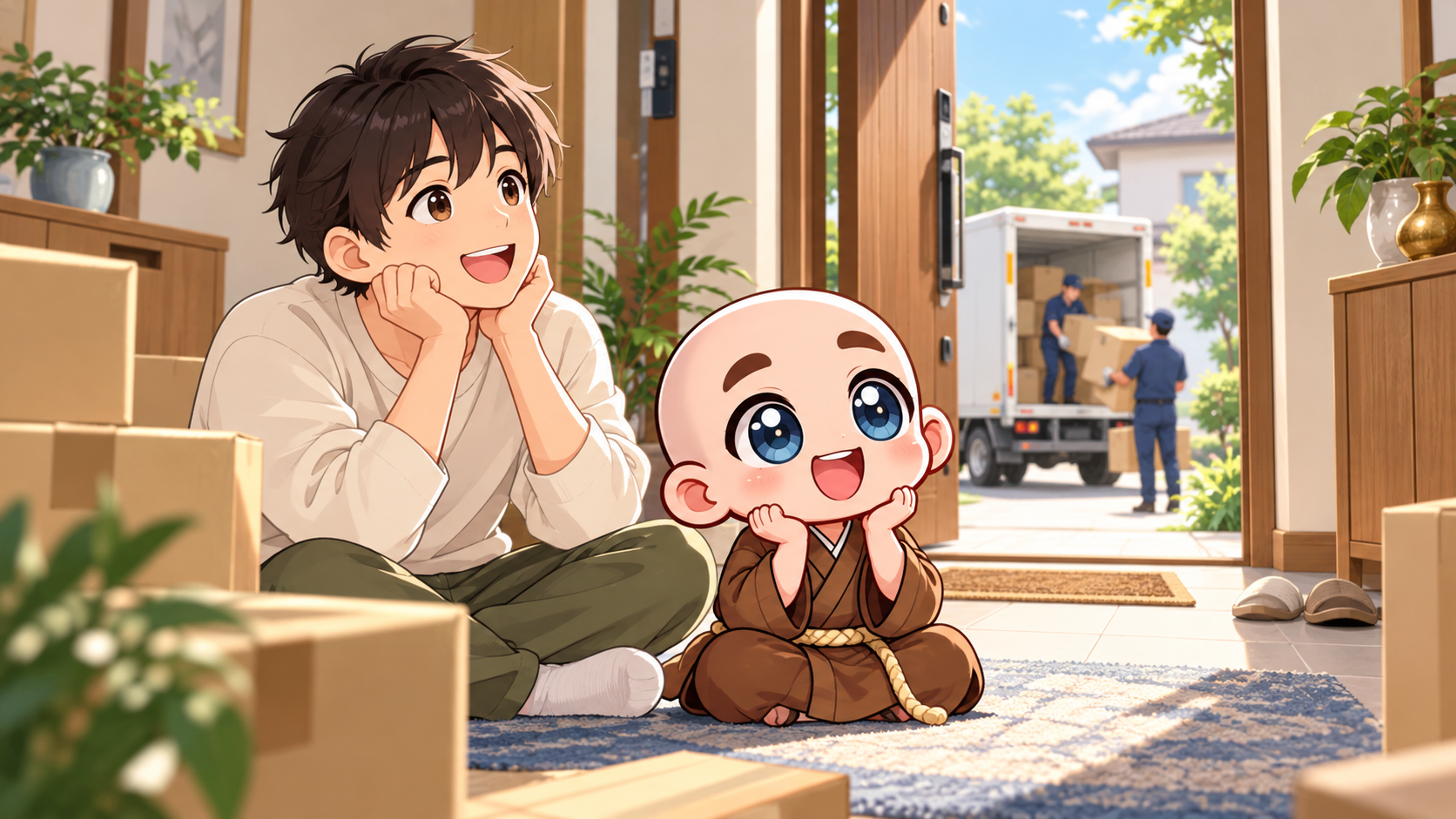 本人の入宅と荷物の到着を公式キャラクターと生活場面で説明するイラスト