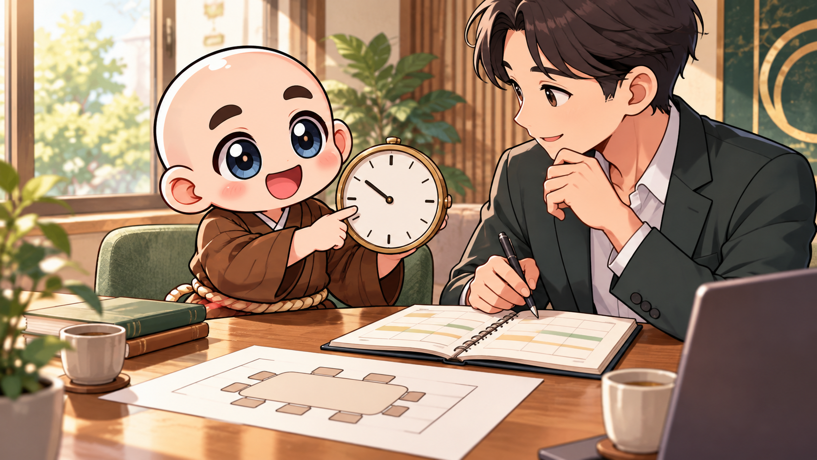 交渉する時刻を確認するを公式キャラクターと生活場面で説明するイラスト