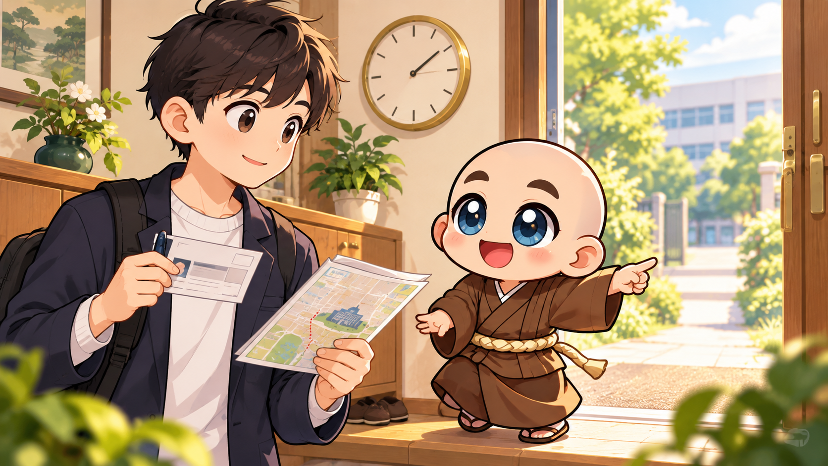 試験会場へ出発する時刻を公式キャラクターと生活場面で説明するイラスト