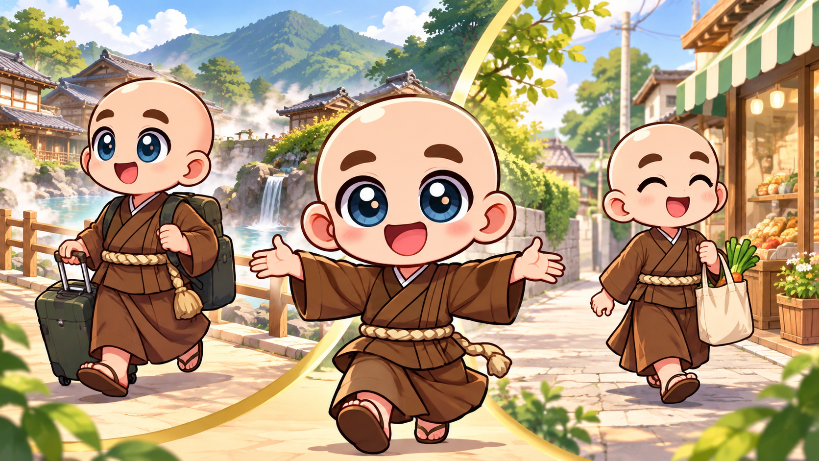 日盤の旅行と日常の外出を公式キャラクターと生活場面で説明するイラスト