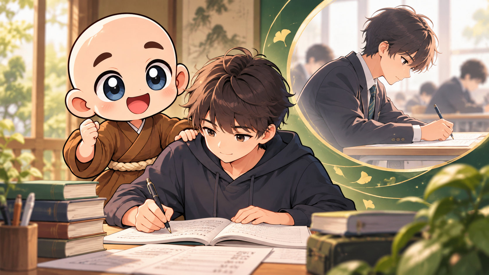 学習してきた力を本番にを公式キャラクターと生活場面で説明するイラスト