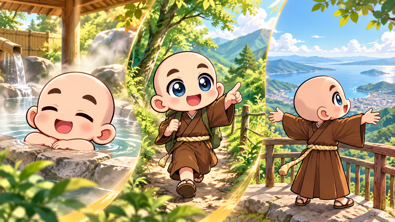 旅の目的に合う過ごし方を公式キャラクターと生活場面で説明するイラスト