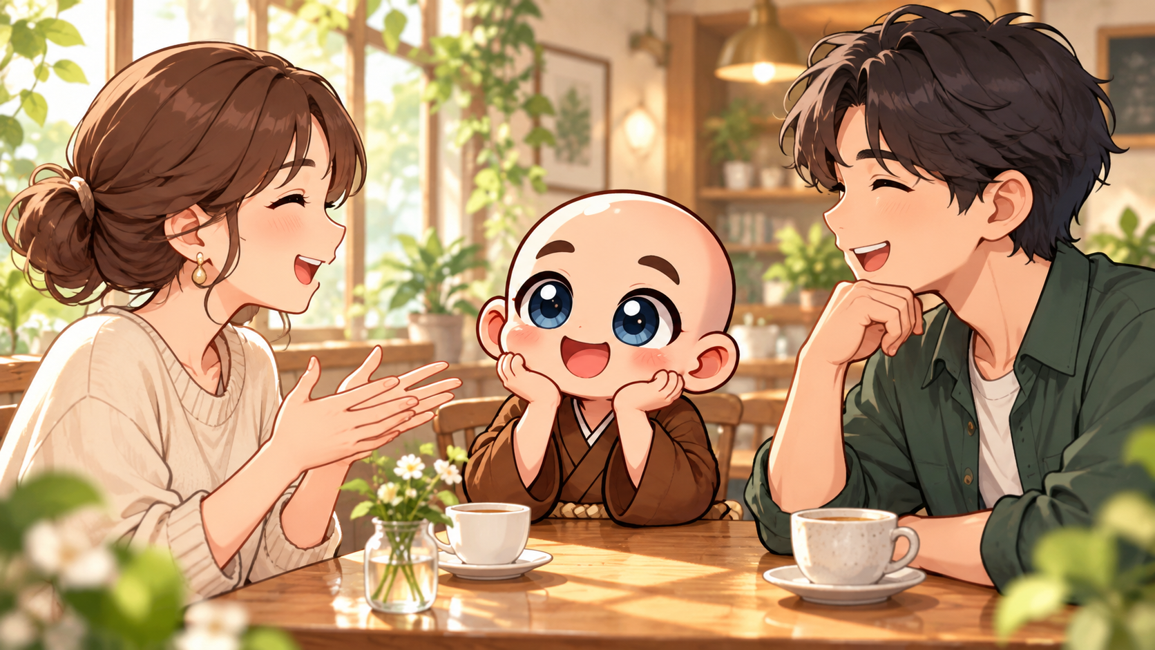 会話と交流の場面を公式キャラクターと生活場面で説明するイラスト