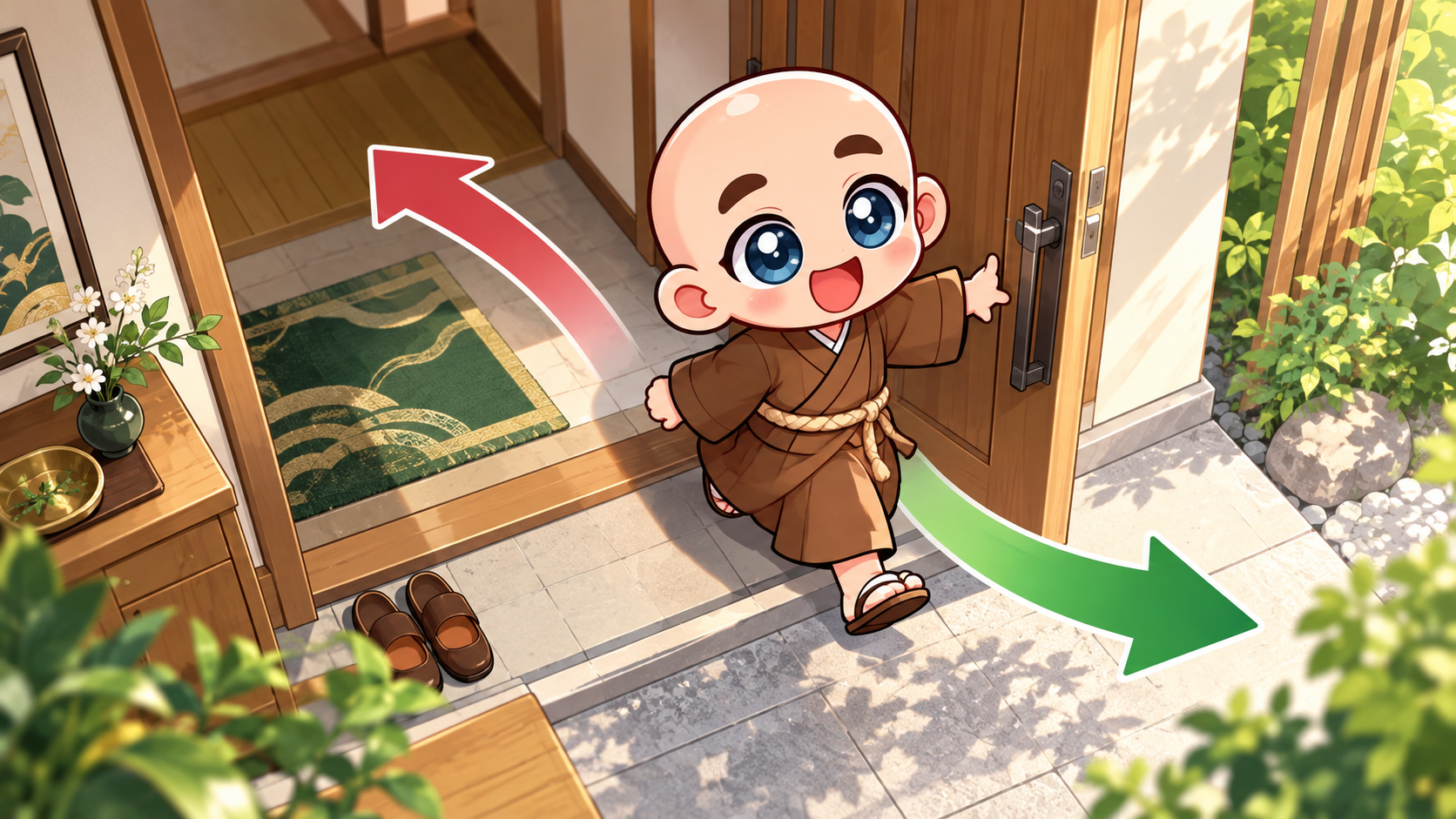 ドアの向きと座を公式キャラクターと生活場面で説明するイラスト
