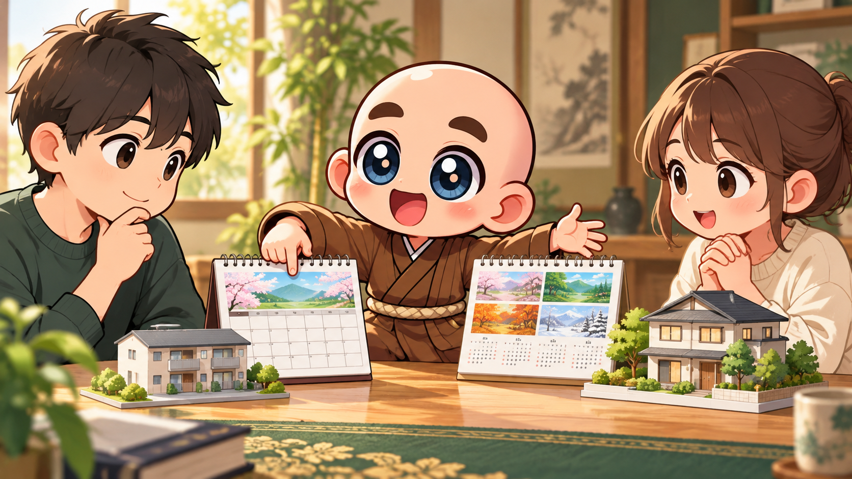 月盤と年盤を比較するを公式キャラクターと生活場面で説明するイラスト