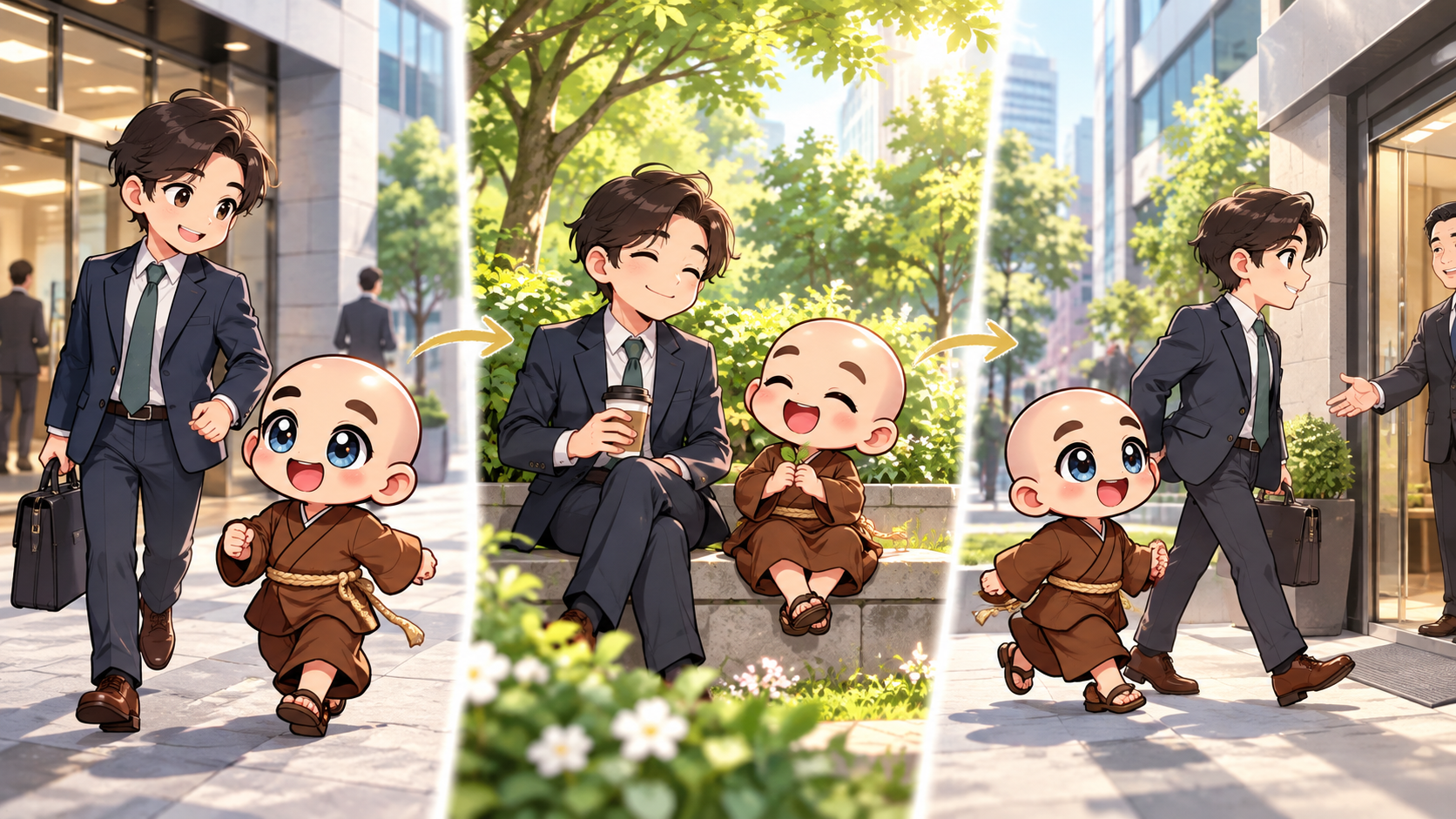 会社から短く移動して留まるを公式キャラクターと生活場面で説明するイラスト