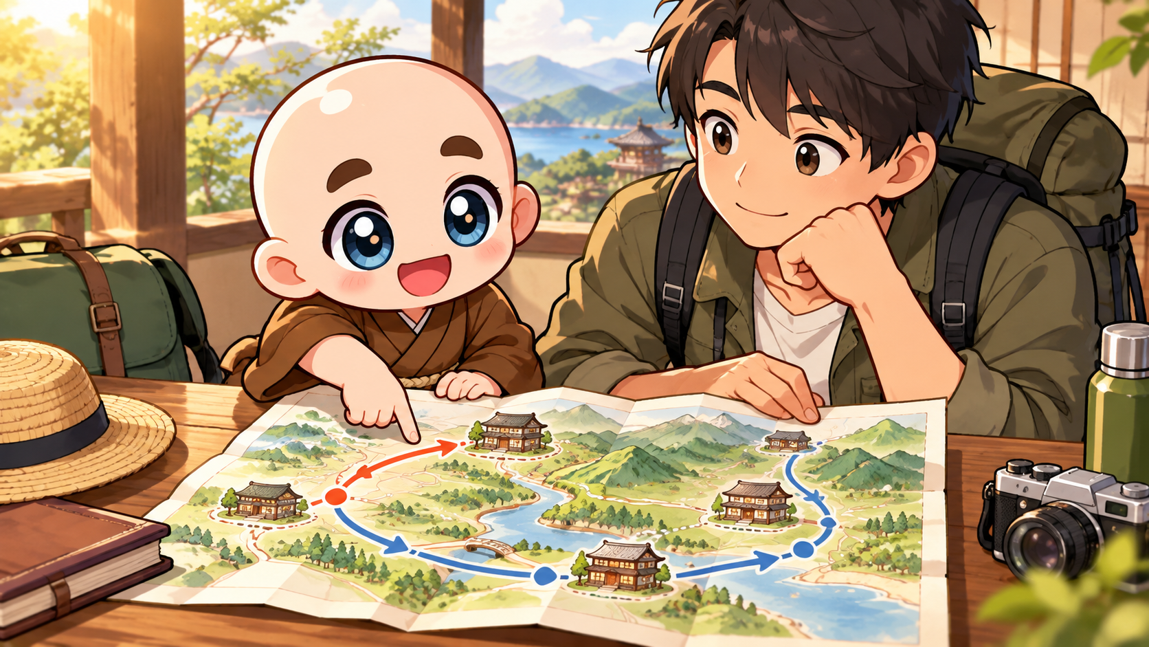 長い旅は帰り道も確認するを公式キャラクターと生活場面で説明するイラスト