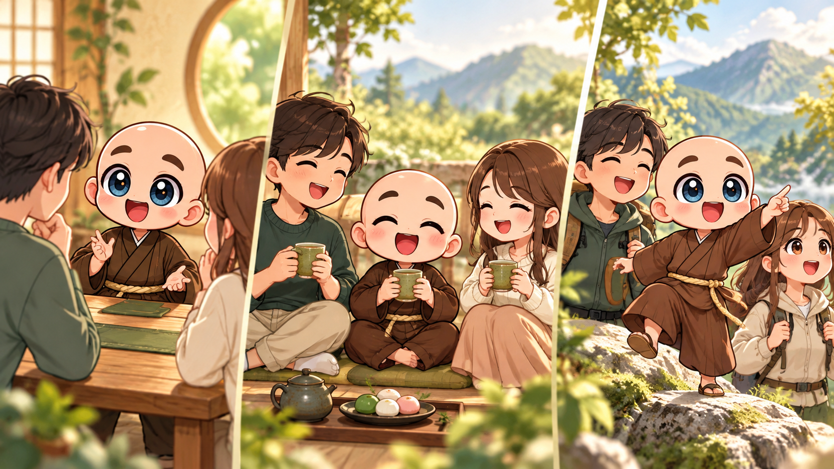 二人に必要な時間を考えるを公式キャラクターと生活場面で説明するイラスト