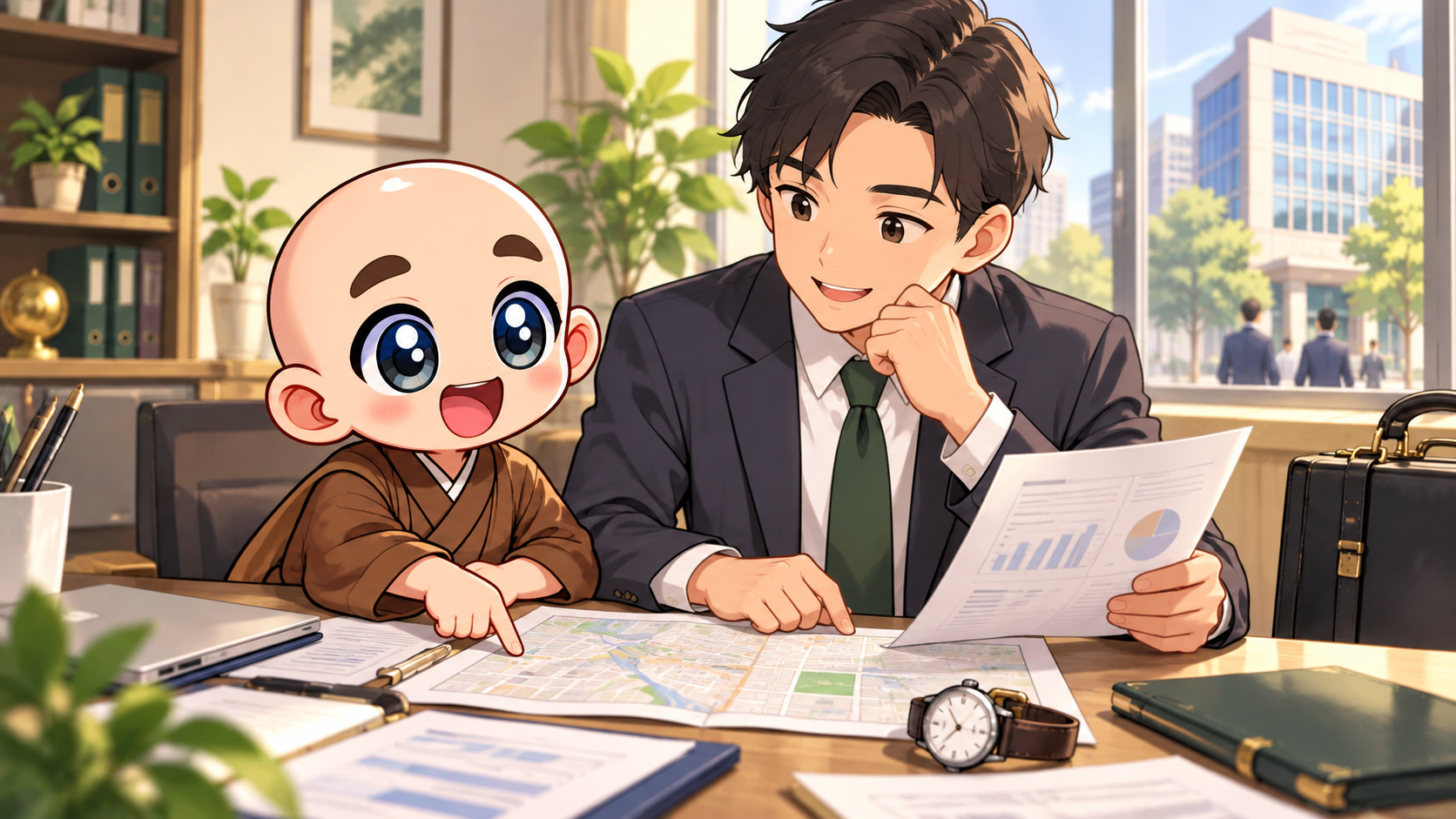 会社で準備してから出発を公式キャラクターと生活場面で説明するイラスト