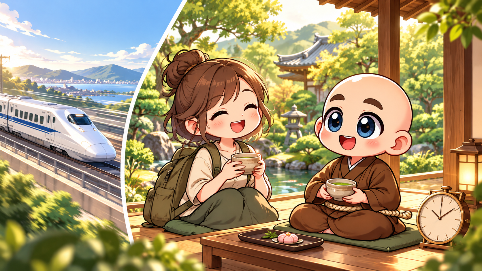 移動時間と現地滞在を分けるを公式キャラクターと生活場面で説明するイラスト