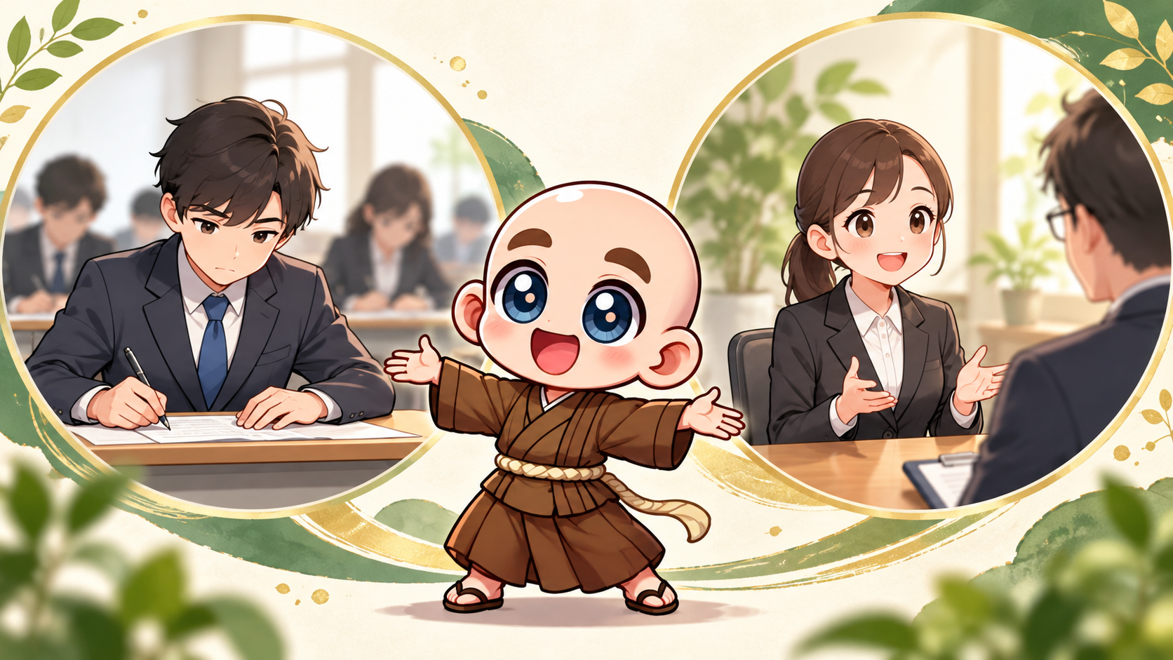 筆記と面接を分けて準備するを公式キャラクターと生活場面で説明するイラスト