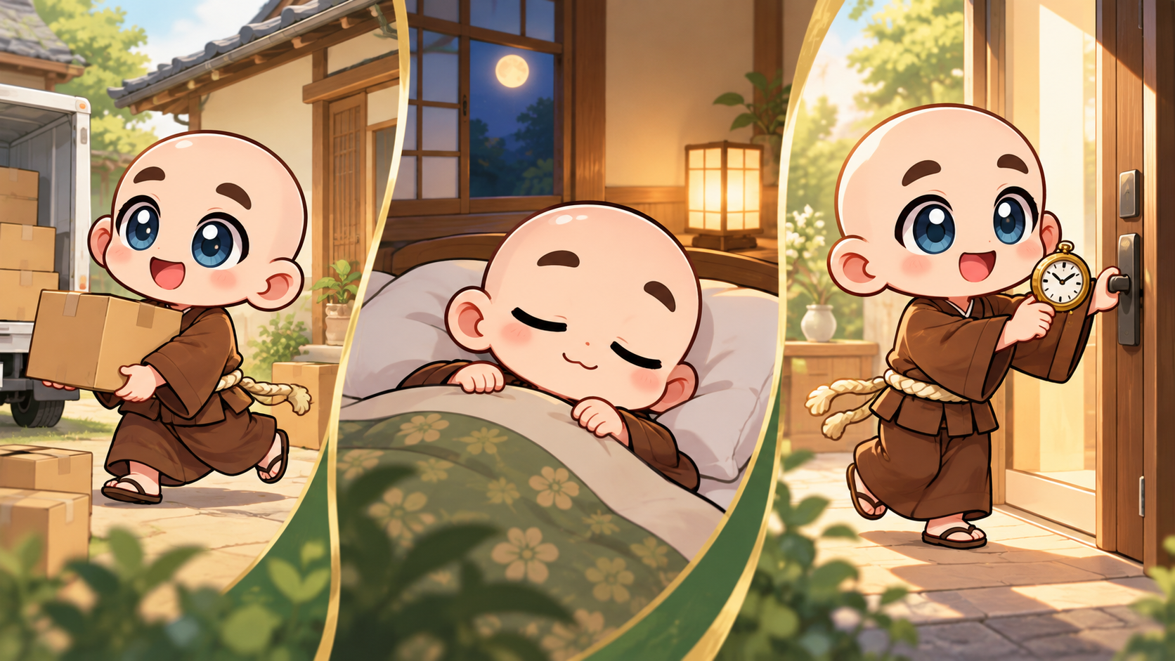 仮移転と入宅法を区別するを公式キャラクターと生活場面で説明するイラスト
