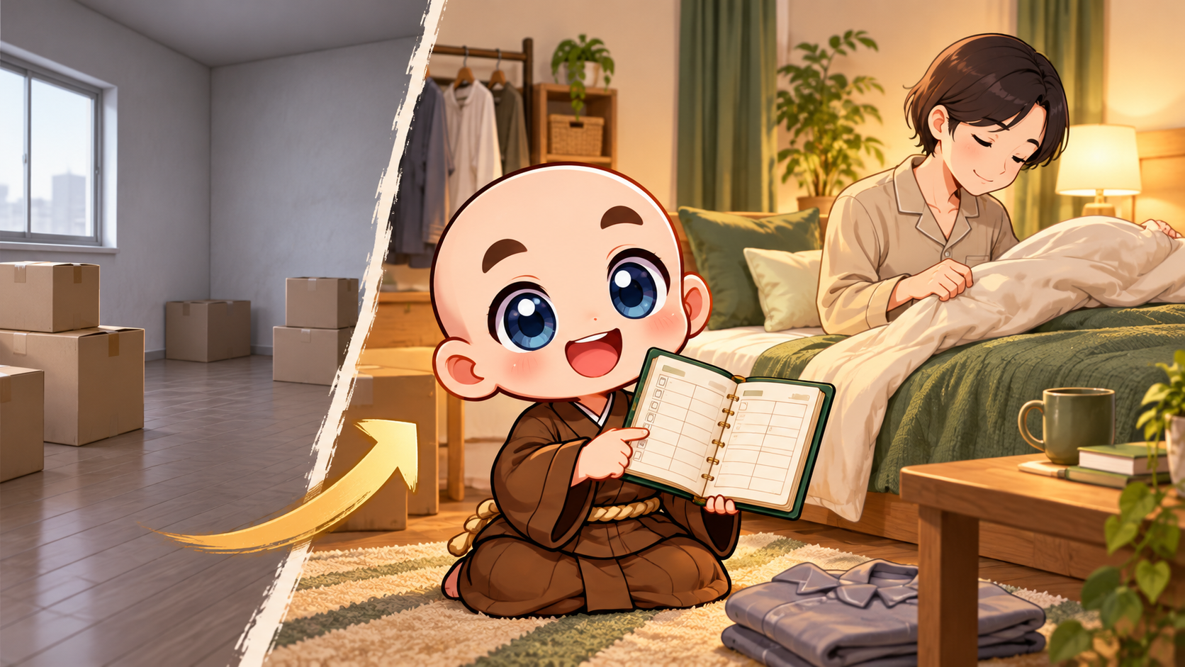 仮住まいで実際に生活するを公式キャラクターと生活場面で説明するイラスト