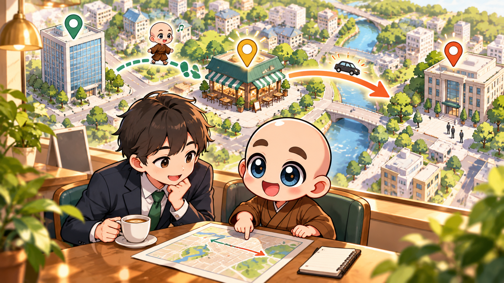 経由地から会場への方位を公式キャラクターと生活場面で説明するイラスト