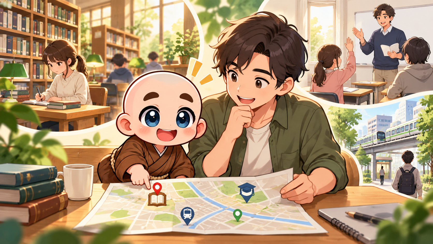 学びやすい場所を選ぶを公式キャラクターと生活場面で説明するイラスト