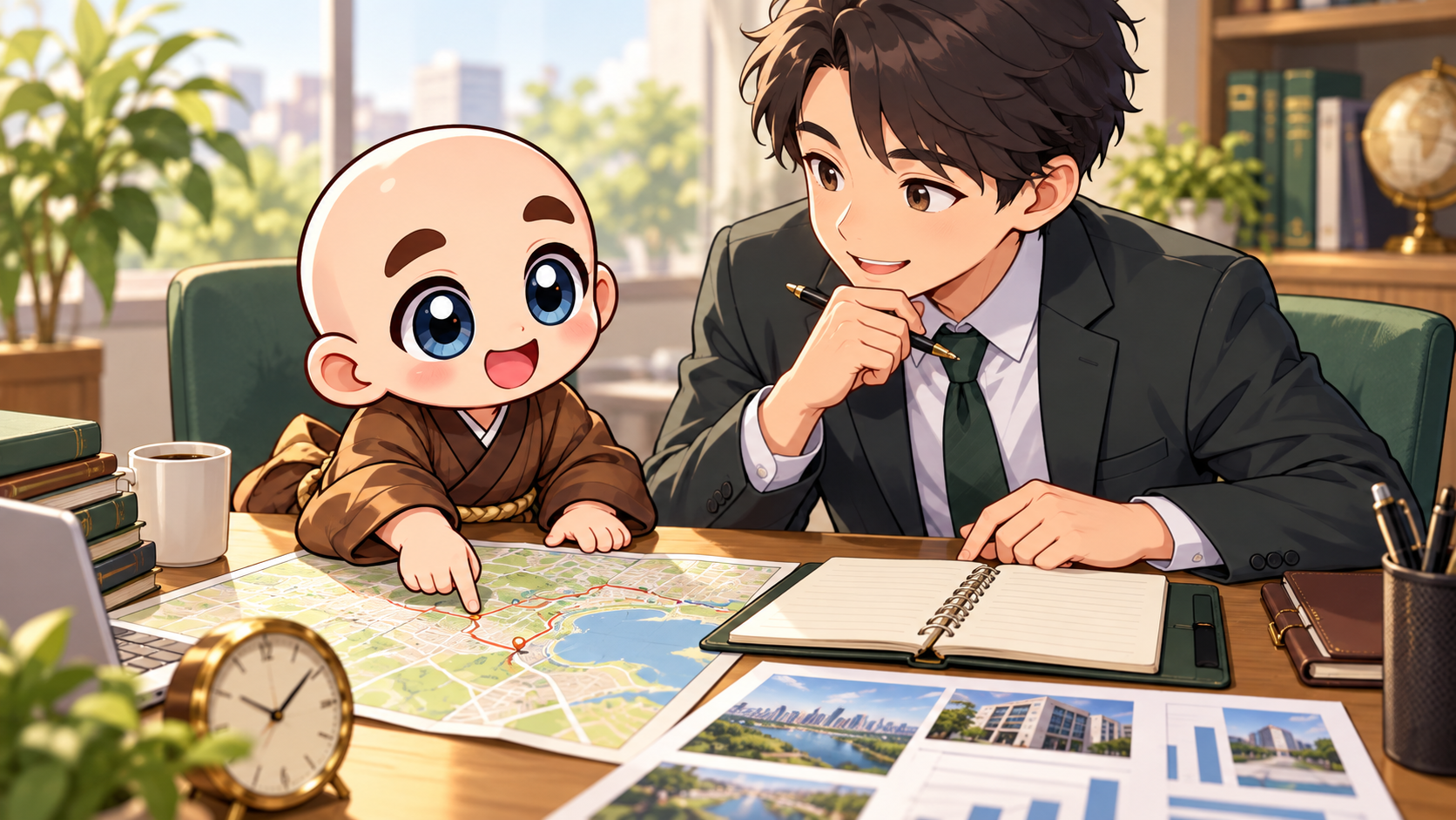 方法と出発点を予定に記録を公式キャラクターと生活場面で説明するイラスト