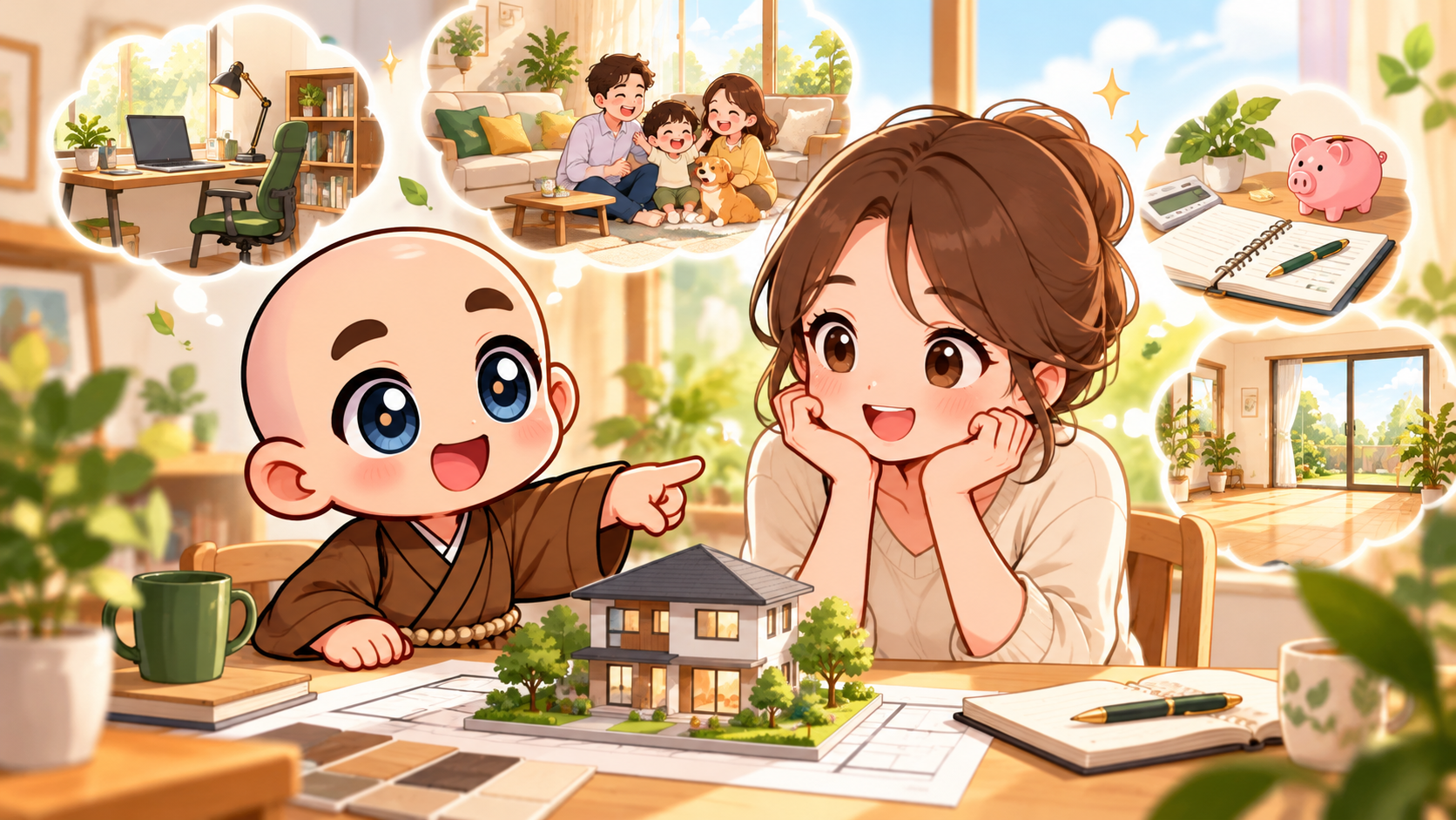 望む暮らしから家を選ぶを公式キャラクターと生活場面で説明するイラスト