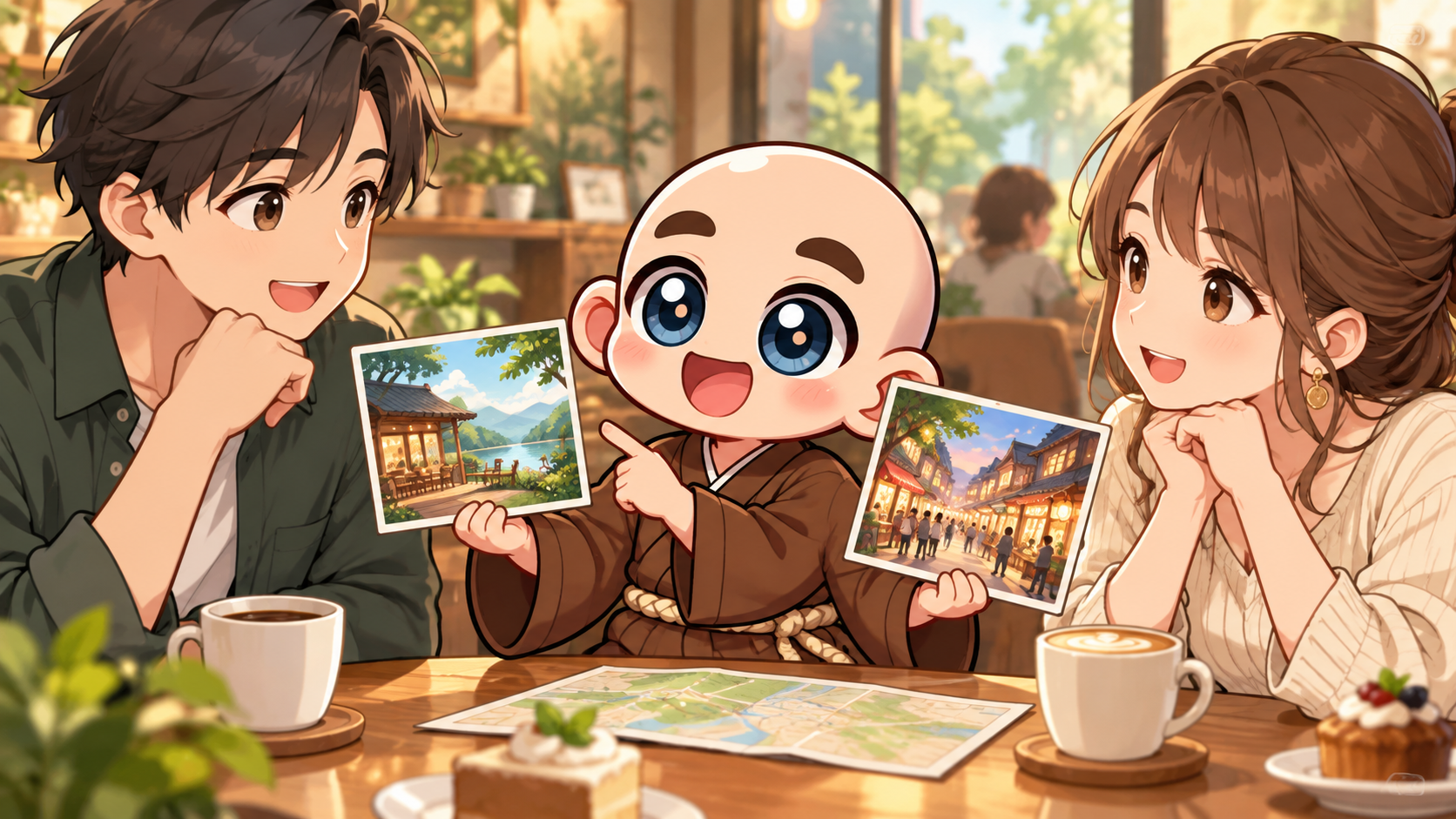 相手の希望も聞いて場所を選ぶを公式キャラクターと生活場面で説明するイラスト
