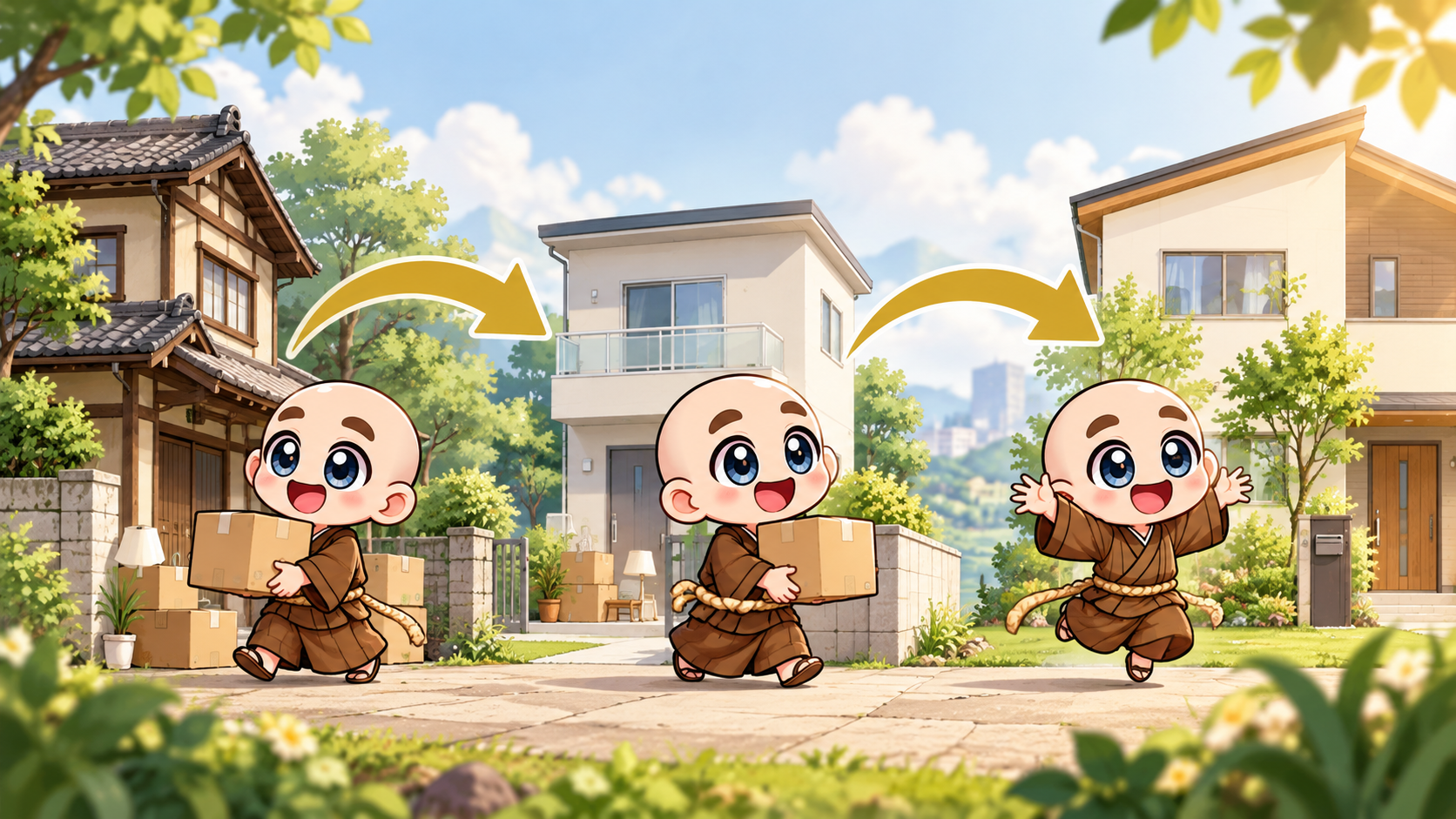 二段階の仮移転を公式キャラクターと生活場面で説明するイラスト