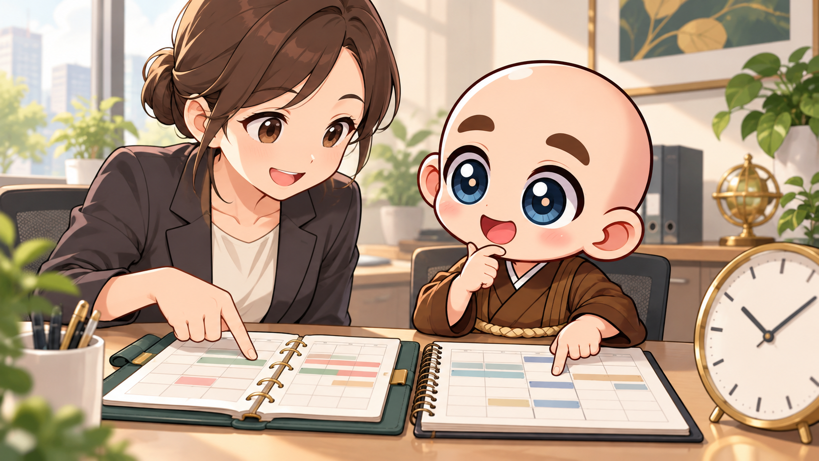 会社での事前滞在を確認を公式キャラクターと生活場面で説明するイラスト