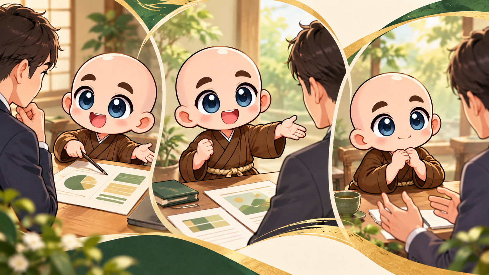 商談の目的を整理するを公式キャラクターと生活場面で説明するイラスト