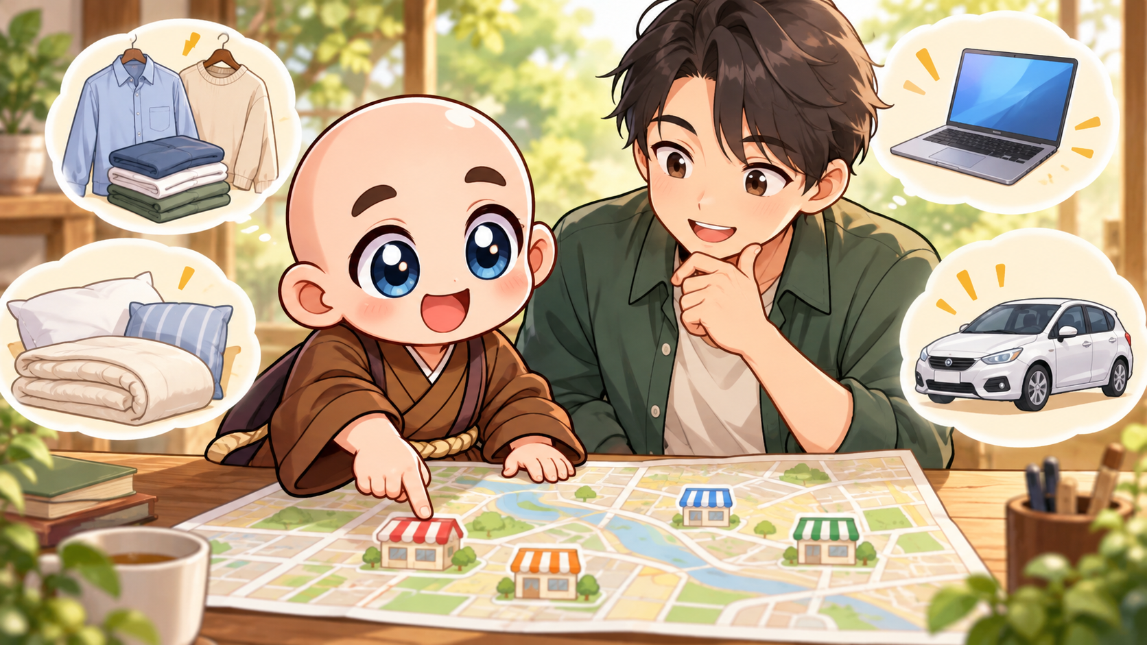 探す品物に合う候補を選ぶを公式キャラクターと生活場面で説明するイラスト