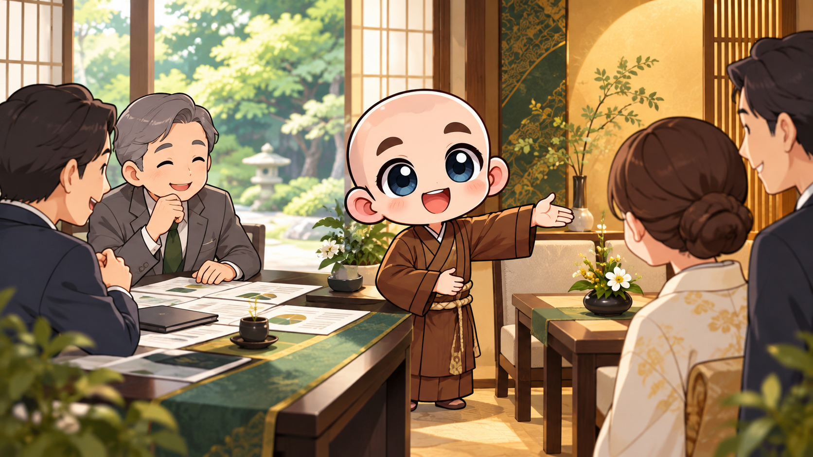 交渉と接待の席を考えるを公式キャラクターと生活場面で説明するイラスト