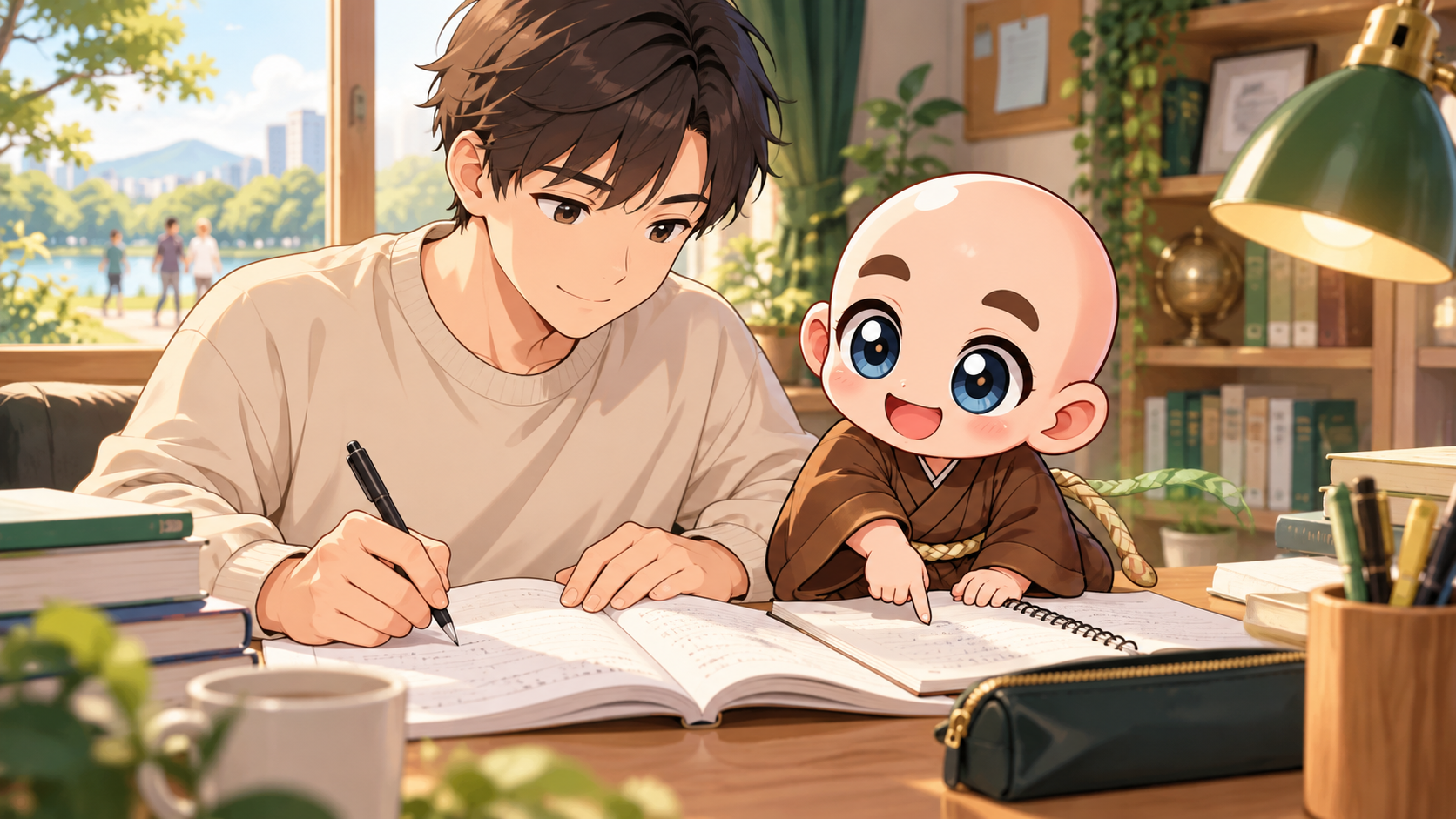 受験準備の日々の学習を公式キャラクターと生活場面で説明するイラスト