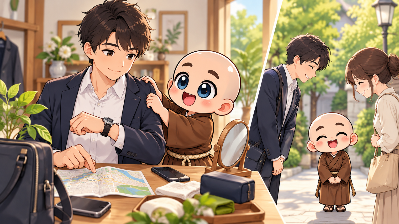 出発前の確認と相手への配慮を公式キャラクターと生活場面で説明するイラスト