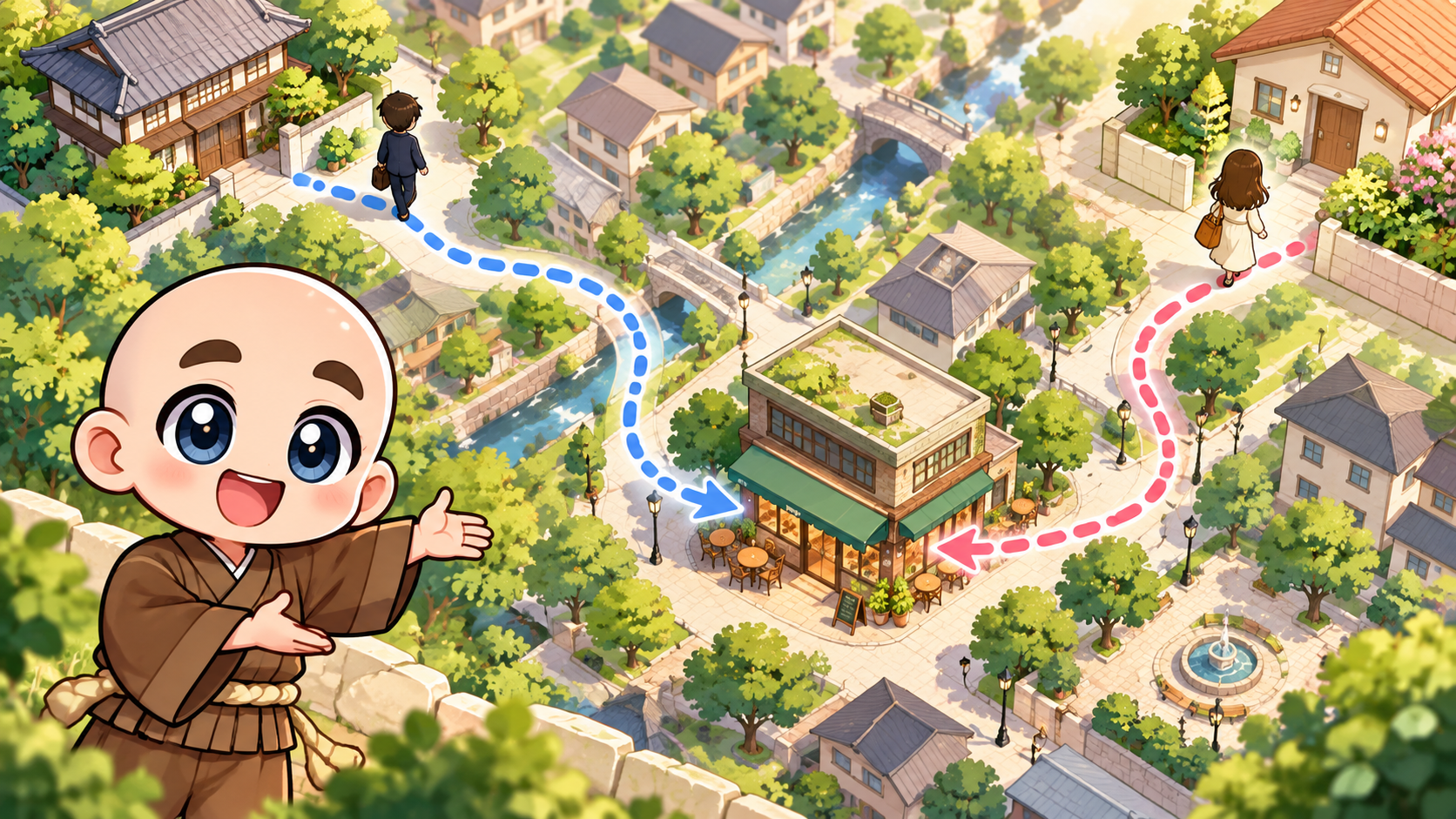 二人それぞれの出発点を公式キャラクターと生活場面で説明するイラスト