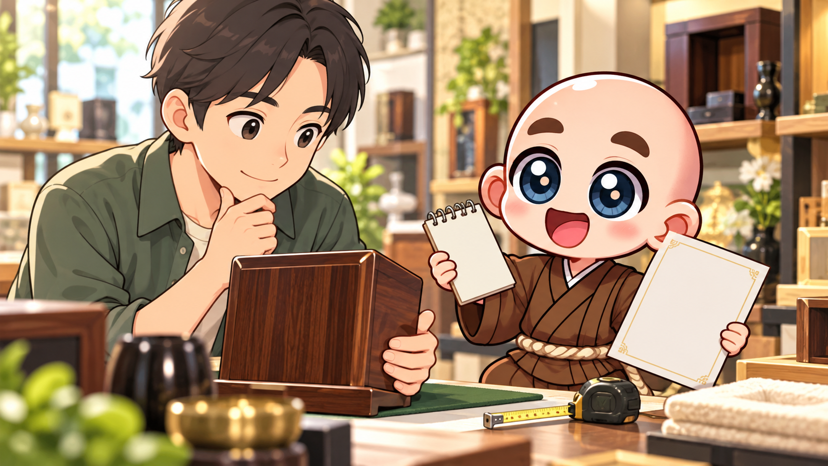 予算と実物を確かめるを公式キャラクターと生活場面で説明するイラスト