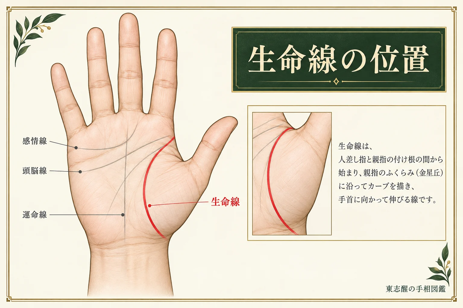 生命線の位置を赤い線で示した解説図