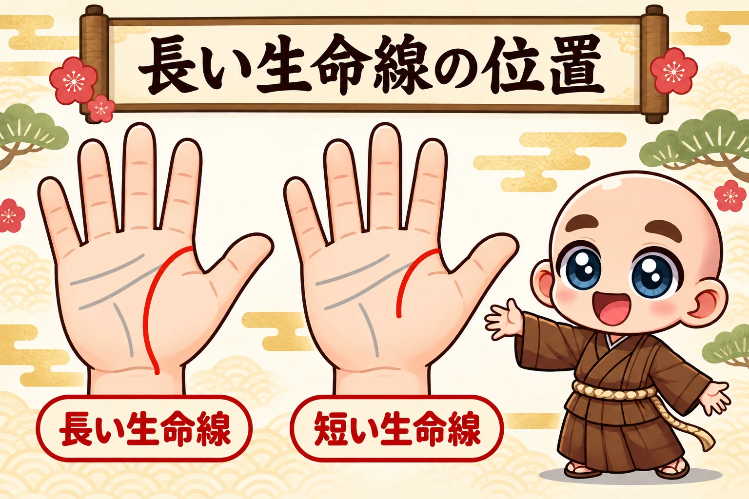 長い生命線の位置を赤い線で示した解説図
