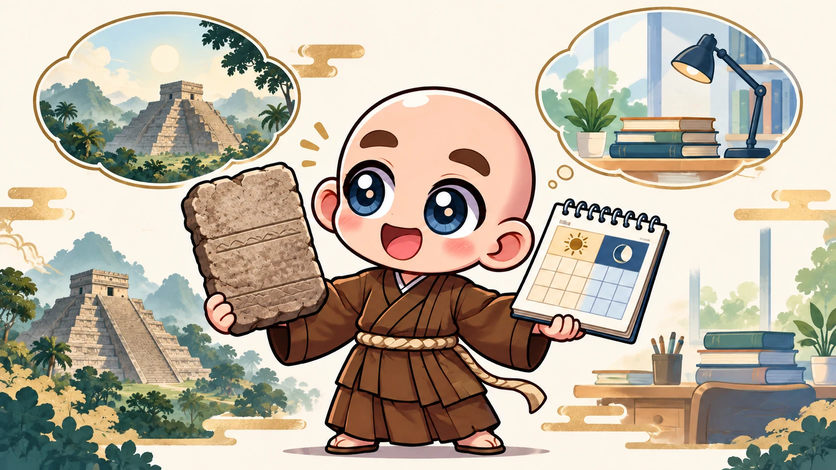 遺跡と現代の本を比べる公式キャラクター