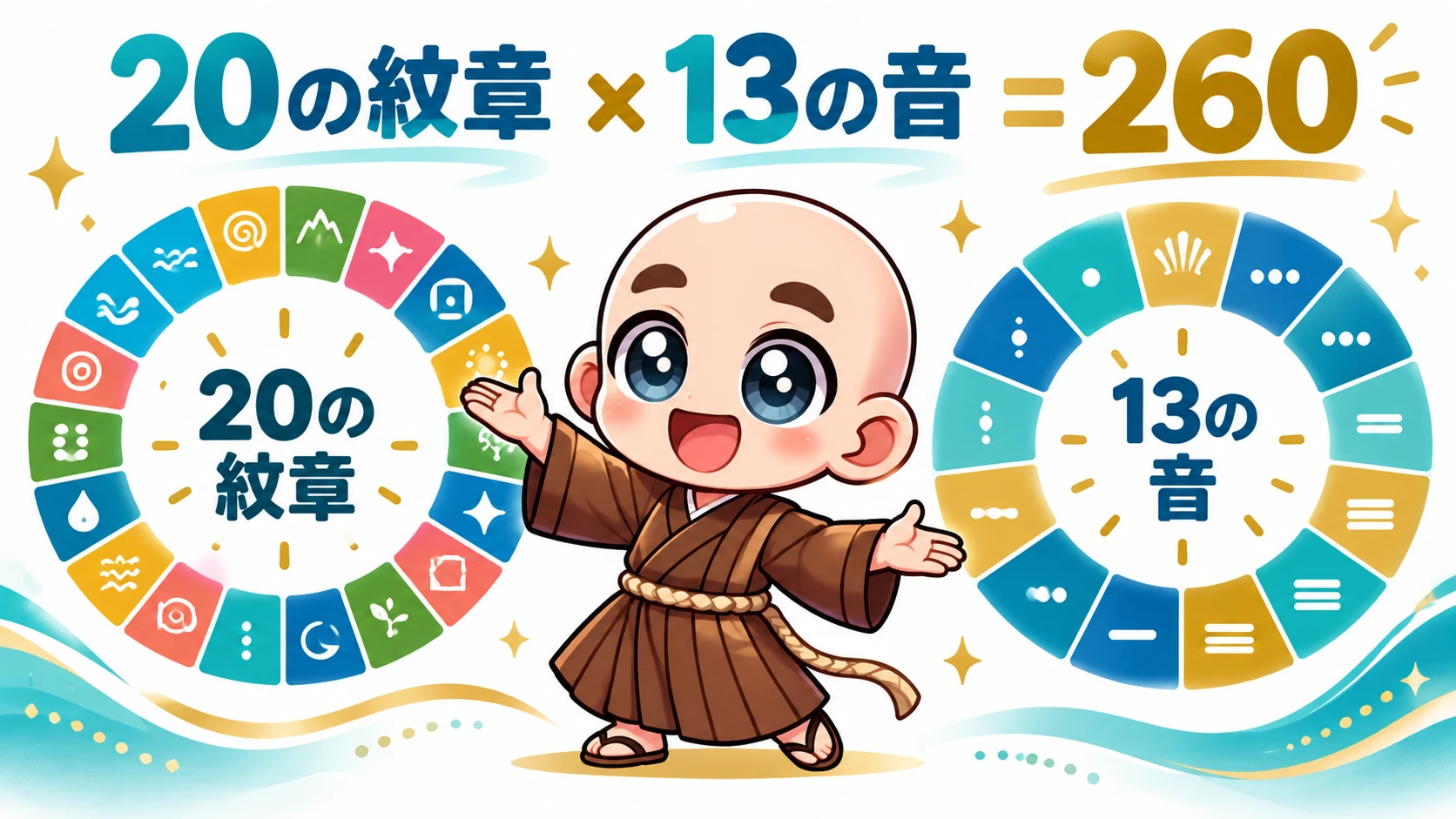 20の紋章と13の音を組み合わせる概念図。輪の記号は説明用のイメージ