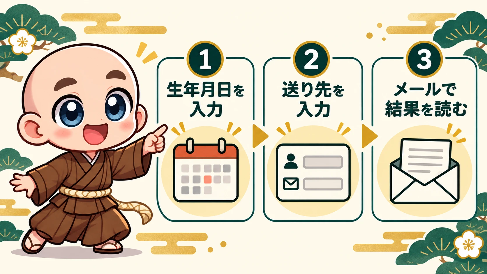 生年月日と送り先を入力して、メールで診断結果を読む流れ