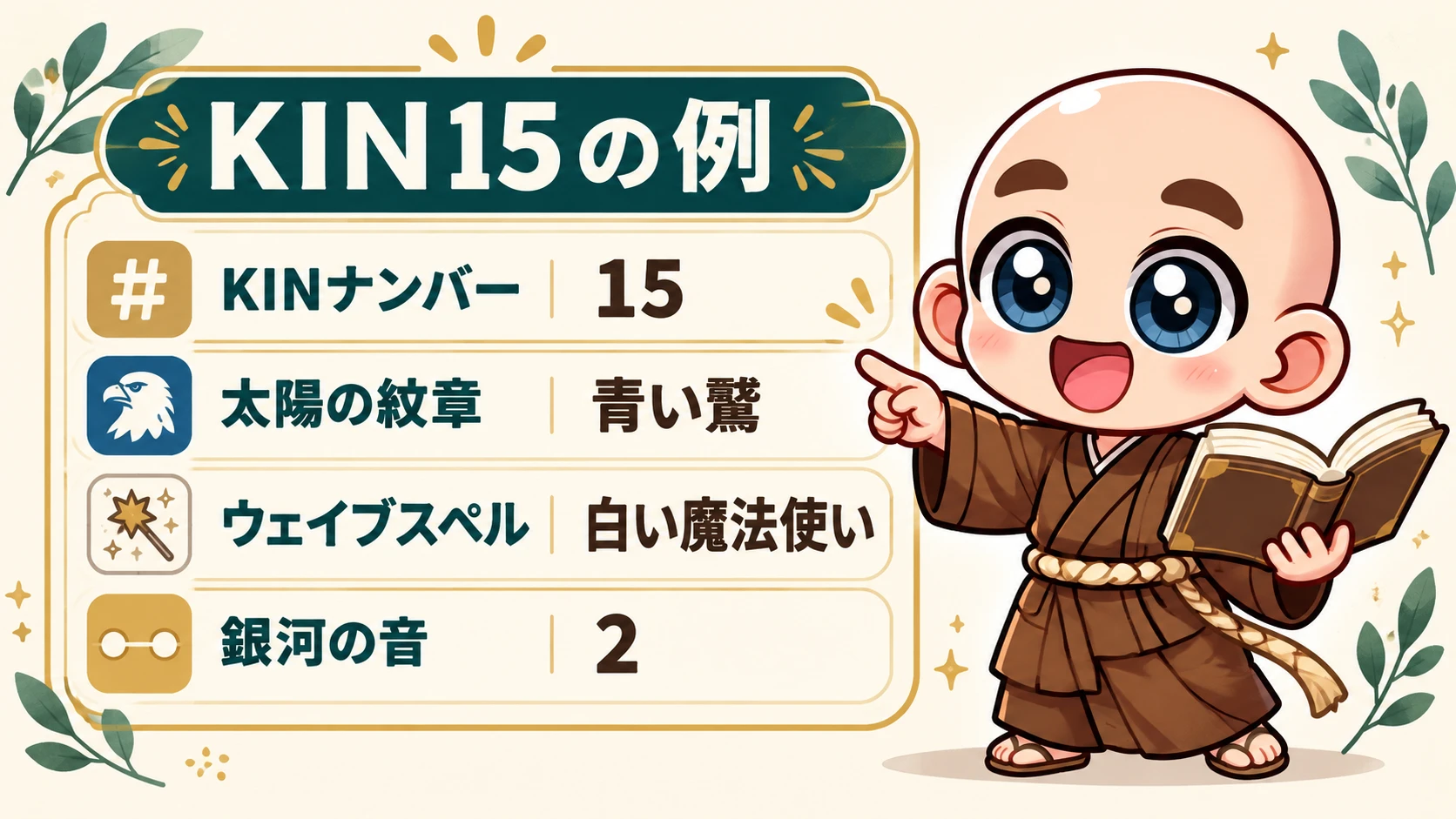 KIN15の太陽の紋章は青い鷲、ウェイブスペルは白い魔法使い、銀河の音は2