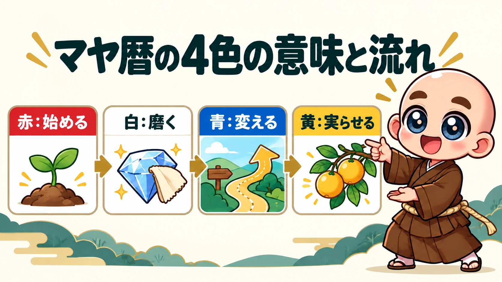 赤は始める、白は磨く、青は変える、黄は実らせるという4色の意味