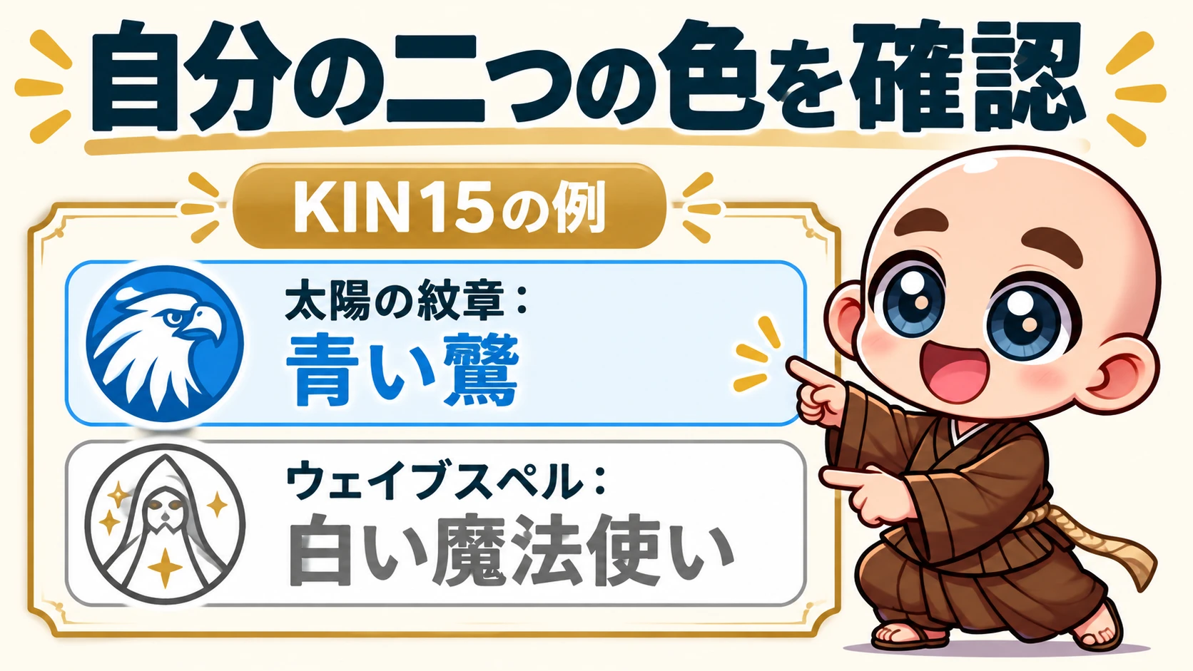 KIN15は太陽の紋章が青い鷲で青、ウェイブスペルが白い魔法使いで白