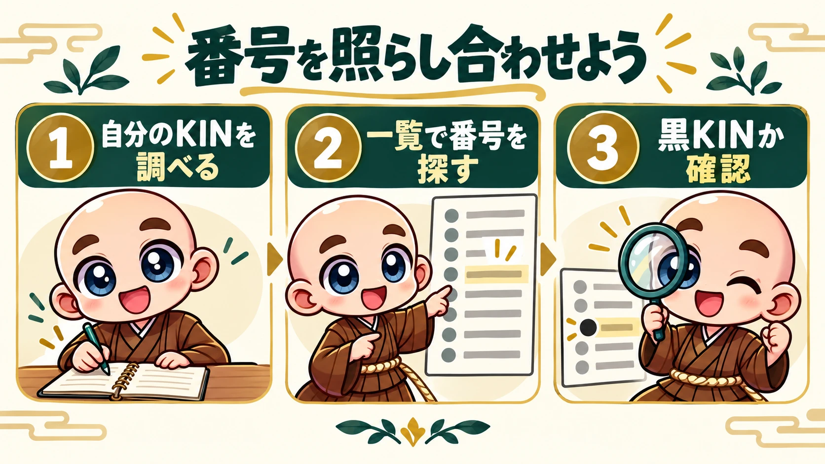 自分のKINを調べ、一覧で同じ番号を探して確認する手順