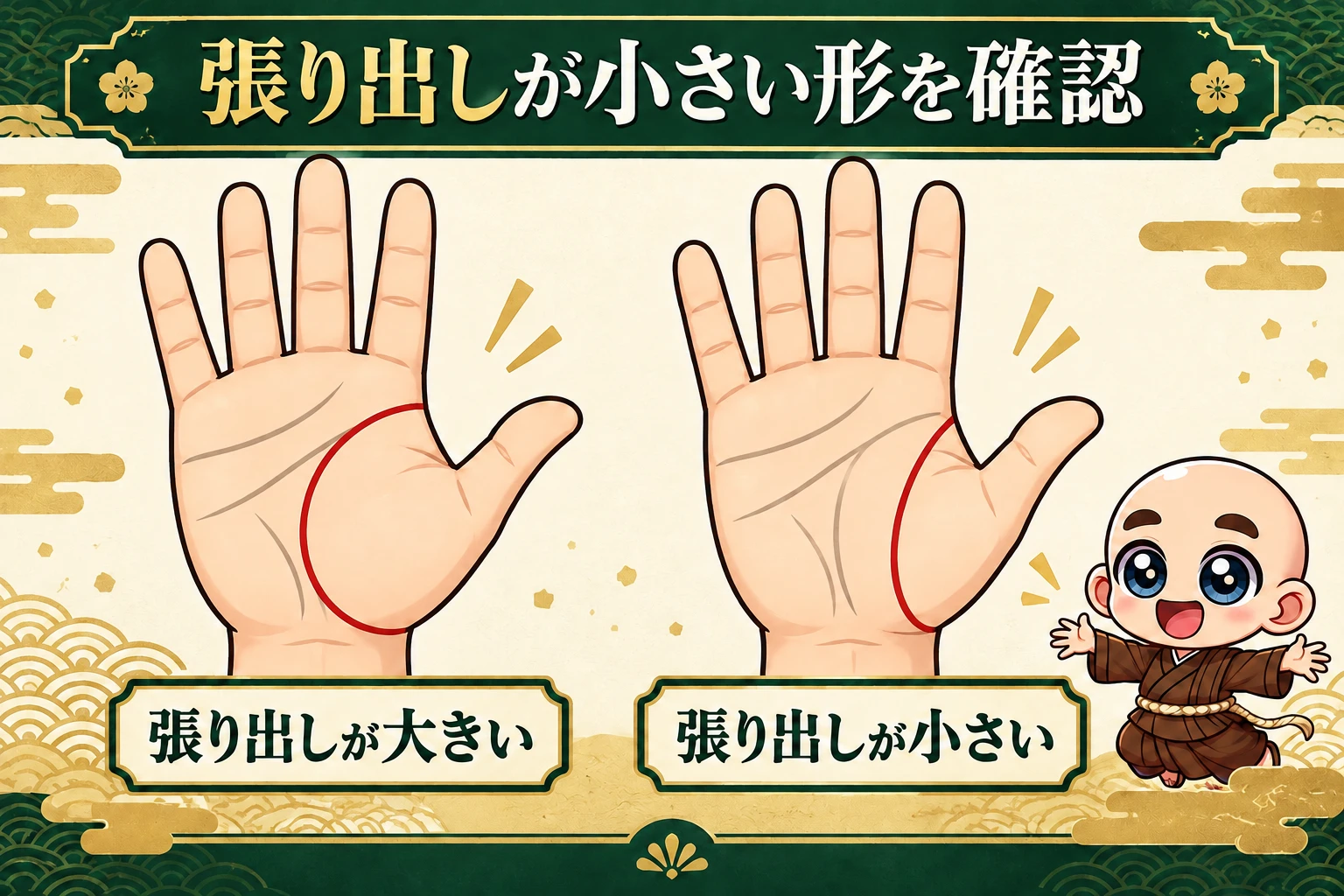 小さく張り出す生命線の位置を赤い線で示した解説図