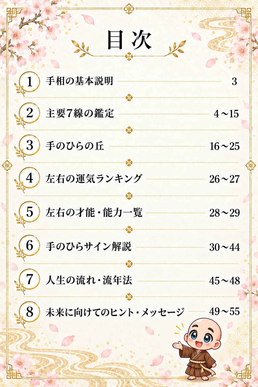 究極の手相鑑定書 Kさんの公開サンプル 2ページ目 目次